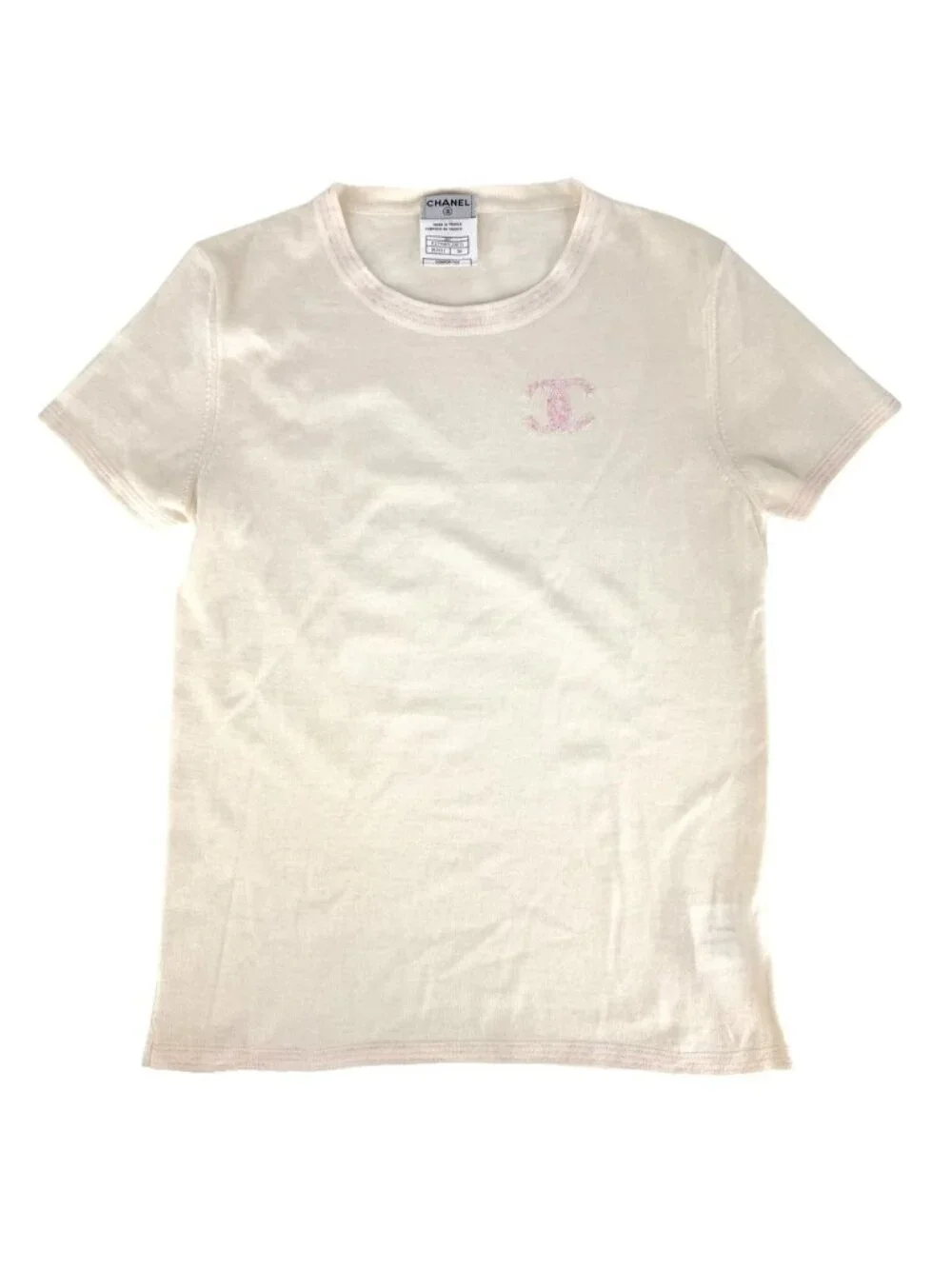 Chanel Short Sleeve T-Shirt CC Logo Top Beige Pink Cotton Cashmere Elite 38